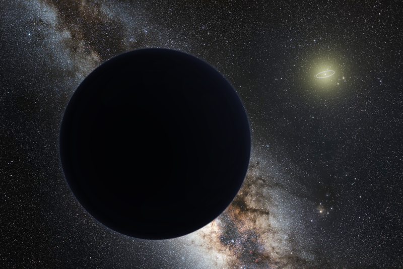 Impresión artística del Planeta Nueve como un gigante de hielo que eclipsa la Vía Láctea central.